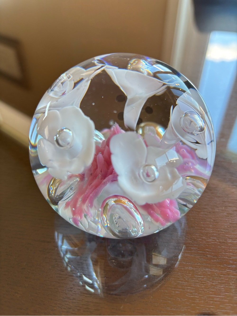 Gibson vintage Handblown Glass Flower Paperweight - White & Pink
